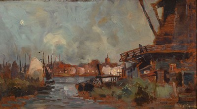 Alexander Carruthers Gould, 1870 Woodfod/Essex-1948, Blick in einen niederländischen Hafen, Öl/Holz, rechts unten signiert, ca. 28x50cm, R. ca. ...