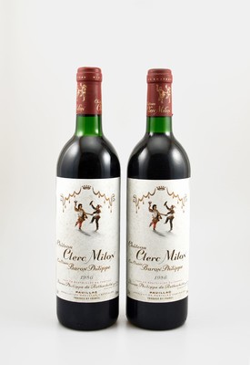 2 Flaschen 1986 Chateau Clerc Milon, Pauillac, Cru Classe, je ca. 75 cl, 13 % Vol., Füllstände: je top shoulder, Etiketten l. beschmutzt, ...