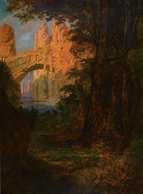 Gustav Adolf Goldberg, 1848 Krefeld-1911 München, Blick aus dem Wald auf eine Felsformation im Sonnenlicht, Öl/Lwd, mehrfach rest., doubl., rechts ...