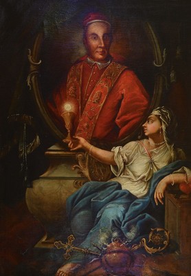 Unbekannter Künstler, deutsch, um 1840-50, Porträt des Papst Pius I., davor Darbringung des Kelches mit Hostie durch eine Frau, Öl/Lwd, rest., ...