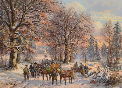 Hubert Kaplan, geb. 1940, Holzarbeiter in verschneiter Waldlandschaft, Arbeiter und Personen, feine Lichtführung, gute Darstellung der Morgenröte ...