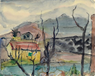 Loulou Albert-Lasard, 1885 Metz - 1969, Paris, südliche Landschaftsdarstellung, Aquarell/Papier, signiert, verso bez. Pont de chemin de fes, ...