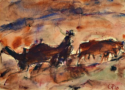 Christian Rohlfs, 1849 Niendorf/Leezen - 1938 Hagen, "Ochsenfuhrwerk" unten rechts monogrammiert und dat. (19)20, Aquarell auf Velin, ca. ...