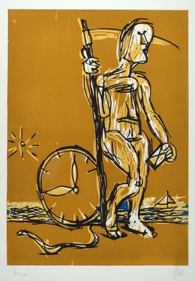 Markus Lüpertz, geb. 1941, Zeitreise, Radierung und Holzschnitt, auf dickem Velin, (Canson Gravure mit Wasserzeichen), 2008, Überlagerung zweier ...