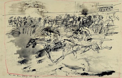 Horst Janssen, 1929-1995, Tusche und roter Farbstift, "Für Ele zu Derby", Tuschezeichnung mit Darstellung eines Pferderennens, ganzseitig ...