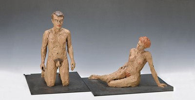 Stephan Balkenhol, geb. 1957 Fritzlar, Skulpturenpaar aus Bronze, handbemalt, Frauenakt und Männerakt, beide auf der Unterseite signiert und dat. ...