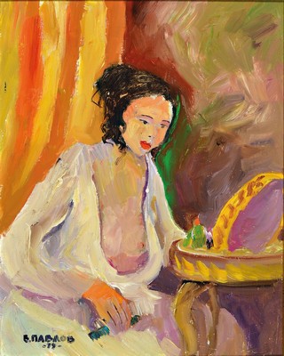 Boris Pavlov, geb. 1938, Promenade "Morgentoilette, 1979", Öl/Platte, handsigniert und dat. 1979, 30 x 24 cm, rückseitig Klebeetikett mit ...