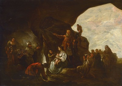 Niederländischer Künstler, um 1680, Moses schlägt mit seinem Stab auf den Felsen, (4.Buch Moses 20, 11), Öl/Holz, erzählende Darstellung, alte ...