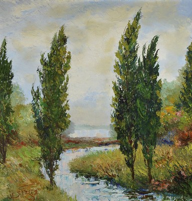 Karl Philipp Spitzer, 1887-1954 Speyer, Altrheinlandschaft mit Pappeln am Bachlauf, Öl/Hartfaser, signiert, ca. 82x82cm, R. ca. 97x97cm