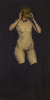 F. Hoffmann, deutscher Maler, um 1900, stehender weiblicher Akt vor schwarzem Hintergrund, mit schwarzen überknielangen Strümpfen, Öl/Malkarton, ...