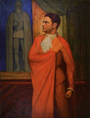 C. Groner, datiert 1927, Schauspieler in dramatischer Pose, im Hintergrund eine Statue, Öl/Lwd, rechts unten signiert und dat. 1927, ca. 137x104cm