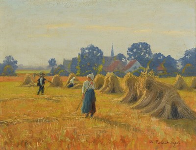 Alfred Rasenberger, 1885-1948 Düsseldorf, Bei der Getreideernte, Öl/Lwd, rechts unten signiert, ca. 36x47cm, R. ca. 47x58cm