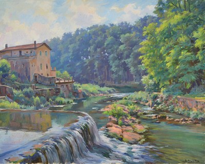 Ramon Mas i Mas, 1911 Barcelona-1989, Gebäude am Wasserlauf, Öl/Lwd, rechts unten signiert, ca. 65x80cm