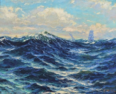 Charles James McCall, 1907 Edinburgh-1989 London, Segelschiff auf bewegter See, Öl/ Malkarton, rechts unten signiert, ca. 31x37.5 cm, R. ca. 39x47cm