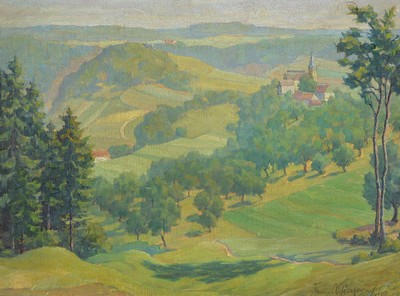 Hermann Schöllhorn, 1883 Heidenheim-1977 Grassau, Landschaft mit Blick auf Dorf und Kirche, Öl/Lwd, rechts unten signiert, rückseitig vom ...