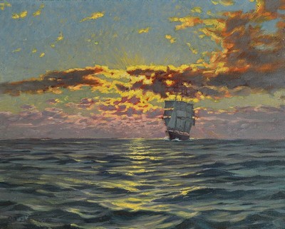 Otto Fikentscher, 1862 Zwickau-1945 Baden-Baden, Abendstimmung auf dem Meer, rückseitig auf dem Keilrahmen so betitelt, Öl/Lwd, links unten schwer ...