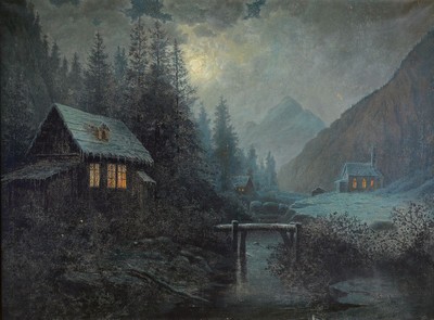 Gustav Kühn, 1872 Guben-1949, Studium an der Akademie Berlin, war tätig in Rostock, hier: Vollmond über verschneiter Gebirgslandschaft, Öl/Lwd, ...