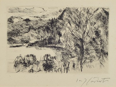 Lovis Corinth, 1858-1925, Radierung, Walchensee mit Jochberg, rechts unten handsign., unter Glas gerahmt, gesamt ca. 49x57 cm. WVZ: Müller Nr. 823
