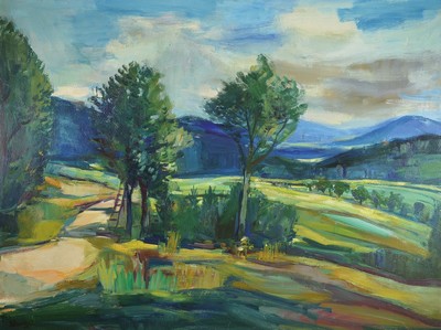 Erich Schug, 1806 Ludwigshafen-1982 Bad Dürkheim, Landschaft mit Baumgruppen, Öl/Hartfaser, links unten signiert und dat. 62, ca. 75x99cm, R. ca. ...