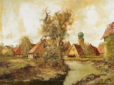 Ludwig Klein, geb. 1915, Münchener Maler, Studium an den Akademien Paris und München, hier: Blick auf ein Dorf, Öl/Lwd, rechts unten signiert, ...