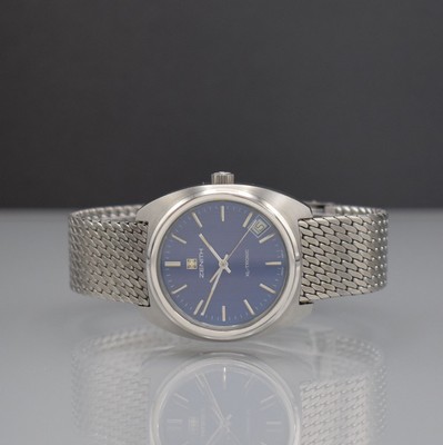 ZENITH XL-Tronic Herrenarmbanduhr in Stahl, Schweiz um 1970, Stimmgabel-Werk, verschr. Geh. Ref. 01-0061-500, orig. Stahl- Milanaiseband, blaues ...