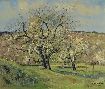 Hermann Umgelter, 1891-1962 Stuttgart, Blühende Bäume auf einer Wiese, Öl/Hartfaser, signiert, ca. 52x62cm, R. ca. 64x74cm
