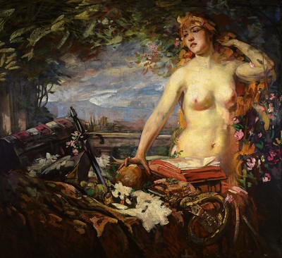 Burkhard Mangold, 1873 Basel-1950, Weiblicher Halbakt mit Stillleben auf einem Balkon, im Hintergrund eine Stadt, Öl/Lwd, rest., rechts unten ...