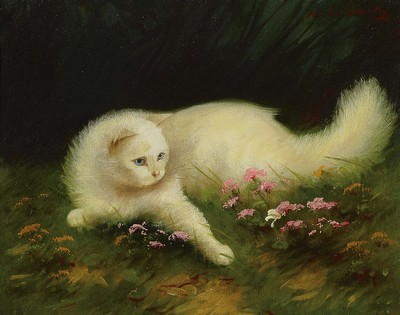 Unbekannter, wohl ungarischer Maler, 1. Hälfte 20. Jh., Weisse Katze im Gras, Öl/Lwd, rechts oben unleserlich signiert, ca. 40x50cm, R. ca. 60x70cm