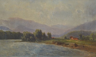 Franz Carl Emanuel Haunold, 1832 Wien-1911, Partie bei Werfen an der Salzach mit Blick auf die Bischofshofener Berge, Öl/Papier, rissig, rechts ...