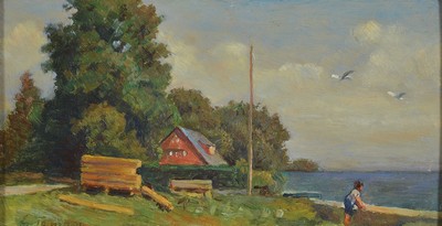 Eugenio Tomasi, 1873-1969, Am Ufer des Sees, Öl/Holz, links unten sign., ca. 14x24cm, R. ca. 22x33cm
