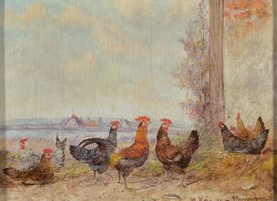 Max Hänger, 1898-1961 München, Hühner, im Hintergrund See und Dorf, Öl/Holz, rechts unten signiert, spannungsrißig, ca. 18x24cm, R. ca. 28x34cm, ...