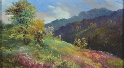 Karl von Lutterotti, 1793 Bozen-1872 Imst, Hügelige Landschaft Öl/Malkarton, rechts unten signiert, ca. 19x32cm, R. ca. 28x42cm