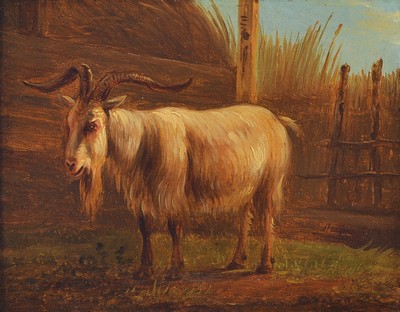 Zuschreibung: Matthijs Quispel, 1805 Numansdorp-1858 Dordrecht, Ziegenbock, Öl/Holz, ca. 12.5x16cm, R. ca. 25x28cm