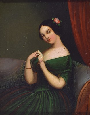 Unbekannter Künstler des Biedermeier, deutsch, um 1830-40, Porträt einer jungen Frau im grünen Kleid mit einem Brief in Händen, Öl/ Metall, ca. ...
