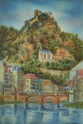 A. Wagner, Miniaturmalerei, um 1900, Felsenkirche von Idar-Oberstein, Gouache auf Elfenbein, rechts unten signiert, ca. 11.5x8cm, u.Gl., Rahmen aus ...