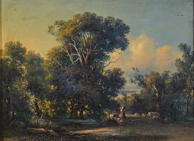 Wilhelm Amberg, 1822 - 1899 Berlin, Landschaft mit Brücke und Spaziergängerin, Öl/Lwd, li. u. signiert, krakeliert, Altersschäden, ca. 25 x 33 ...