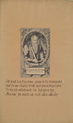 Zwei Kupferstiche, 16. Jh., Porträt jüdischer Rathsherren, Guillaume Porstel und Perus Ramus, handschriftlich bezeichnet, Texte über Synagogen ...