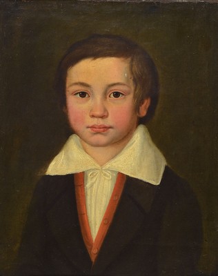Porträtist, deutsch, um 1830, Knabenporträt, Öl/Lwd, unsigniert, leichte Altersschäden, ca. 41 x 32 cm, Rahmen: 50 x 42 cm