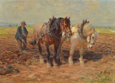 Georg Wolf, 1882 Niederhausbergern - 1962 Uelzen, pflügender Bauer mit Pferdegespann, Öl/Holz, re. u. signiert, ca. 32 x 45 cm, ca. 47 x 60cm, ...