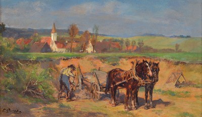 Carl Buchta, 1861-1928, Arbeiter mit Pferdewagen in der Sandgrube, im Hintergrund ein Dorf, Öl/Holz, links unten signiert, ca. 11x19cm, R. ca. ...