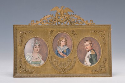 3 Miniaturmalereien, Frankreich, um 1900, Porträts von Napoleon Bonaparte, seiner Frau Josephine und dem Sohn, Gouache auf Elfenbein, im Oval je ca. ...
