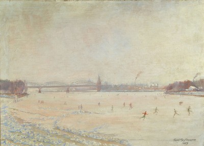 Karl Hofmann, datiert 1929, Eisvergnügen, zahlreiche Schlittschuhläufer der Eisfläche, im Hintergrund eine Stadt und eine Eisenbahnbrücke, ...