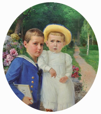 G. Koschewa, um 1900-1910, Doppelporträt zweier Geschwister im Garten, Öl/Malkarton, rechts unten signiert, im Oval ca. 77x68cm, R., ca. 90x78cm