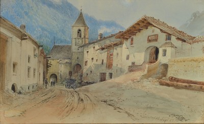 Pieter Francis Peters, 1818-1903, Straße in Laatsch, Aquarell über Bleistift, rechts unten signiert, bez. Laatsch und dat. 16. Sept. 84, ca. ...