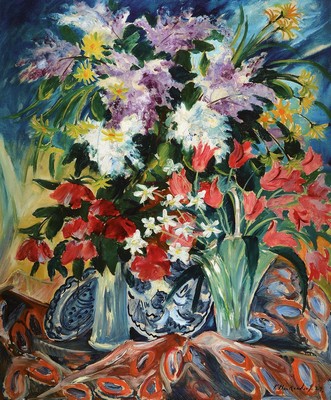 Franz Heckendorf, 1888 Berlin-1962 München, grosses Stillleben mit Blumen u. Gegenständen, Öl/Lwd, re. unten signiert und dat. 1924, ca. 120 x 100 ...