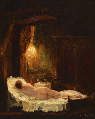 Otto Pippel, 1878 Lodz - 1960 Planegg, liegender Akt bei Kerzenlicht, Öl/Lwd, re. u. signiert, das Werk ist um 1940 entstanden, restauriert, ca. 62 ...