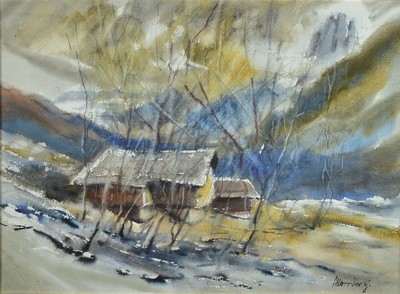 Gottfried Moroder, 1921-2016 St. Ulrich in Gröden, Südtirol, Verschneite Landschaft im Gebirge, Aquarell auf Papier, rechts unten signiert, ca. ...