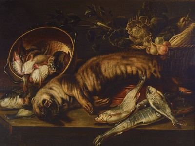 Unbekannter Künstler, Niederlande, um 1730-40, Üppiges Stillleben mit Fischen, Gemüse und einem Wiesel, Öl/Lwd, doubliert, rest., altersbedingt ...