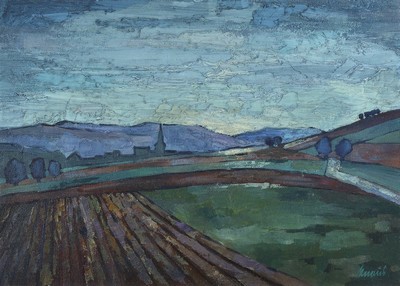 Eugen Knaus, 1900 Mannheim-1976 Lampertheim, Landschaft mit Feldern und Dorf, Öl/Hartfaser, rechts unten signiert, ca. 50x70cm, R. ca. 62x82cm