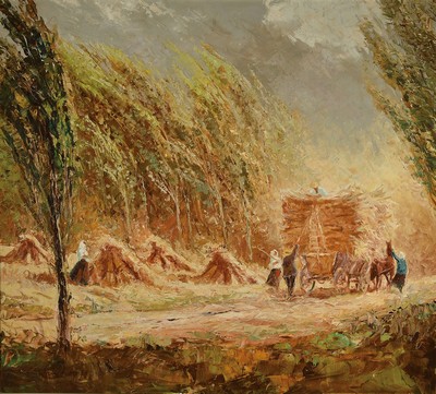 Helmut Wanschap, 1911 Berlin-1987 Kusel, Ernteszene, Öl/Lwd, links unten signiert und dat. 70, ca. 90x100cm, R. ca. 101x111cm